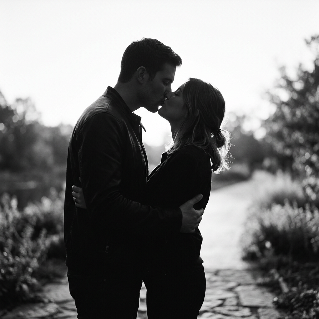 Couple embracing and kissing outdoors on a garden path