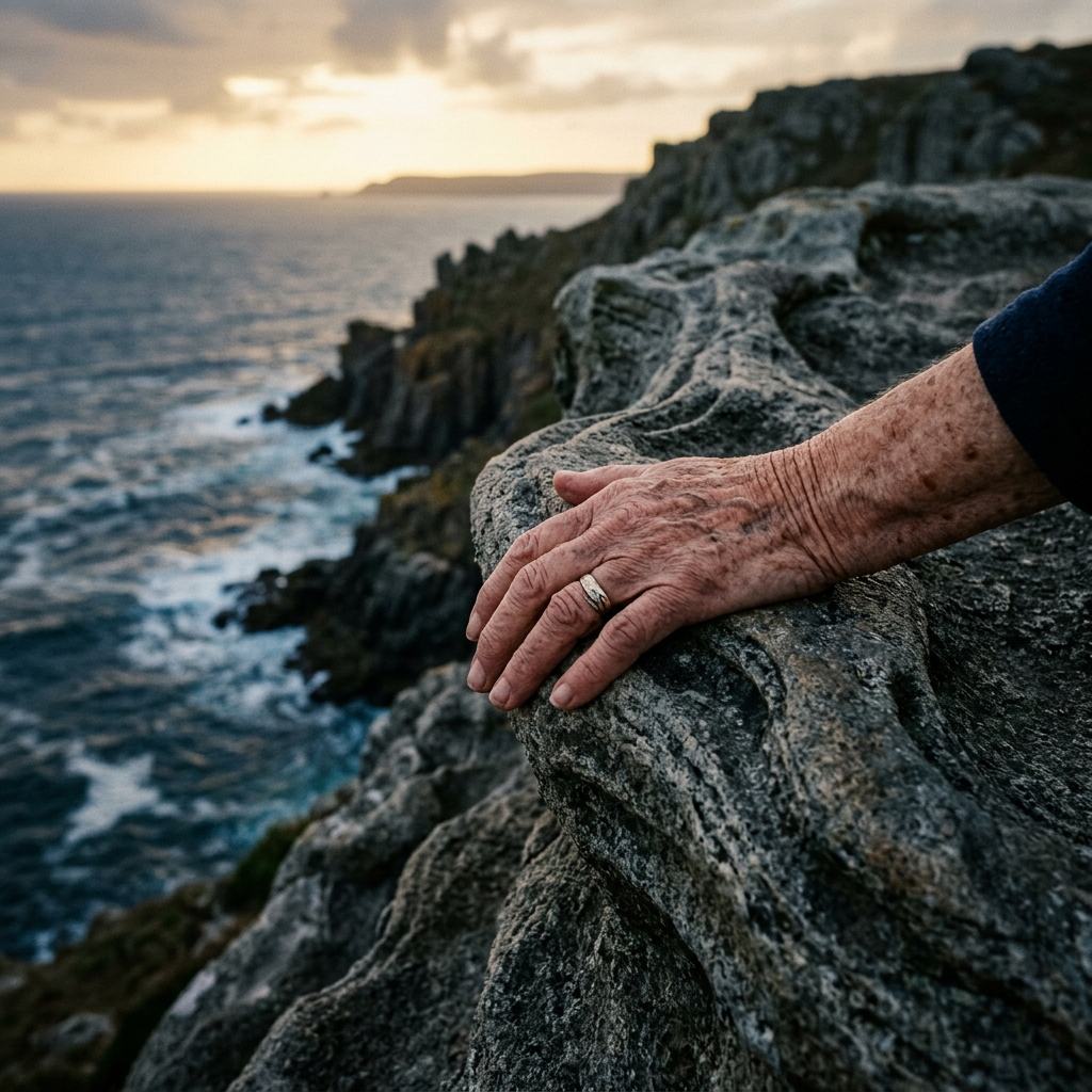Weathered hand resting on rock above a rugged ocean coastline